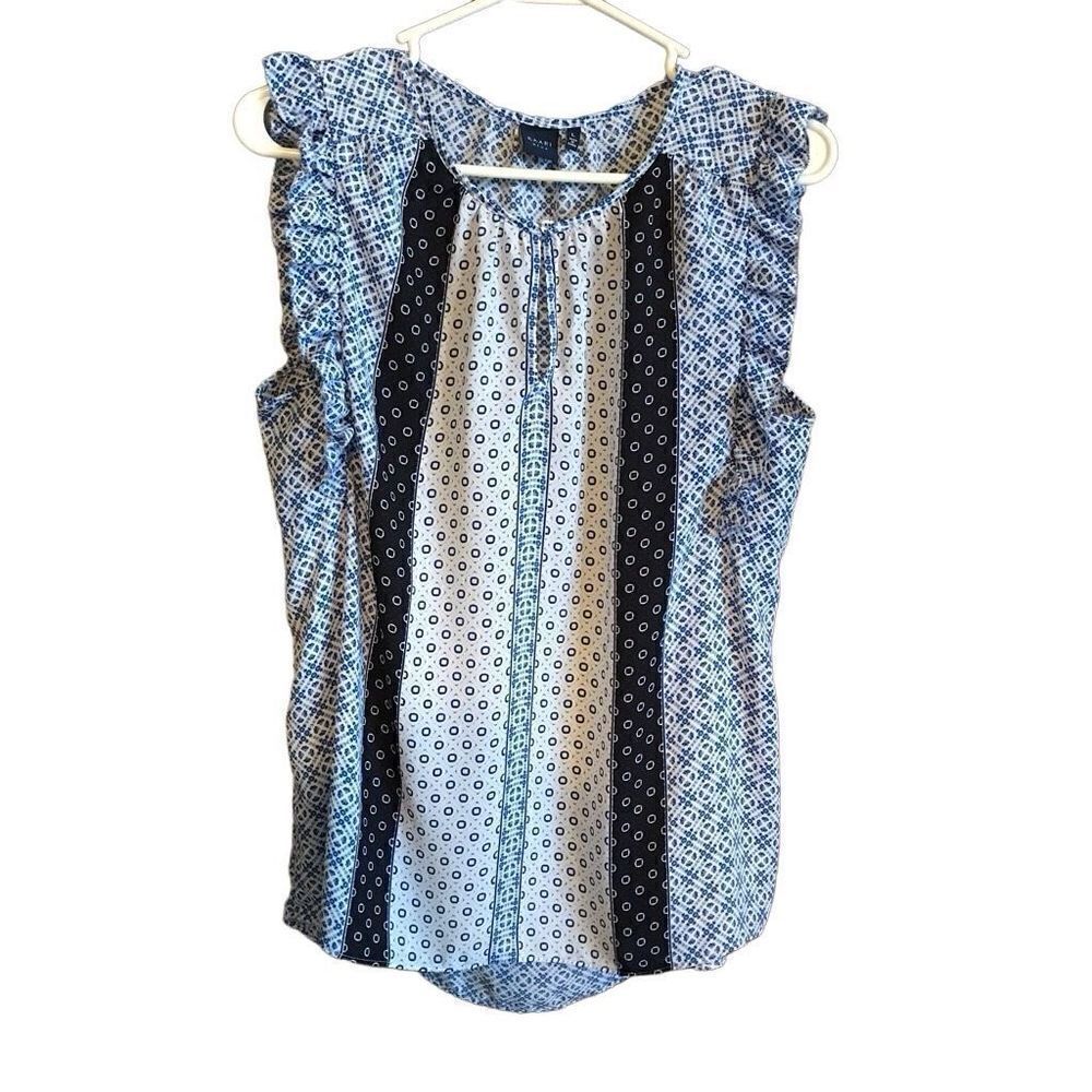 Kaari Blue sleeveless top blouse size Large blue ruffles sleeveless